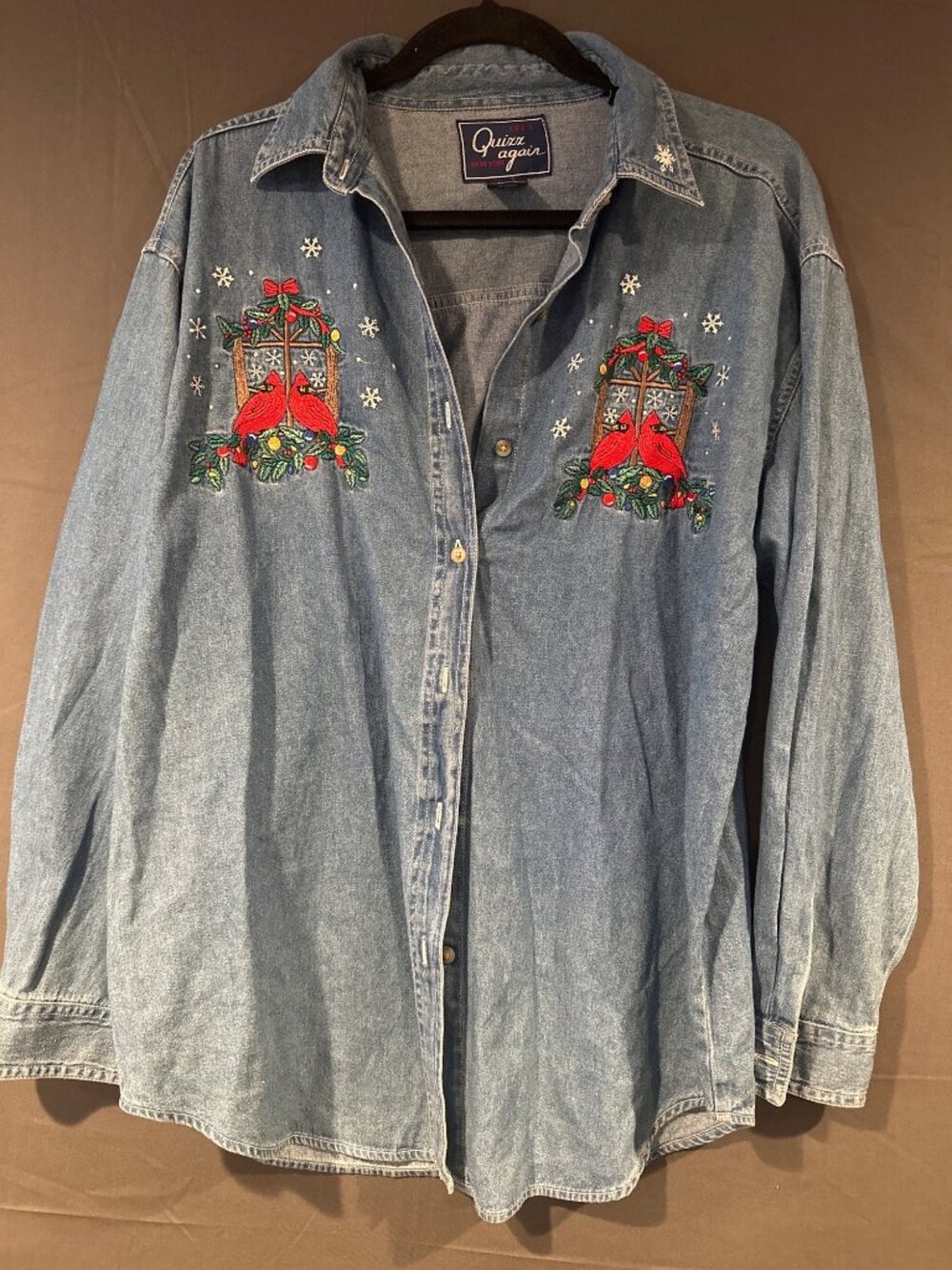 Quizz Again Women M Oversized Denim Shirt Christmas Cardinals Embroidered Cottag